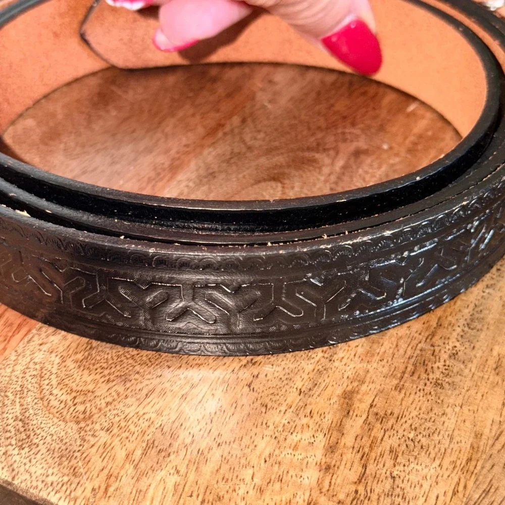 Mens Black Embossed Leather Belt Extra Long 58